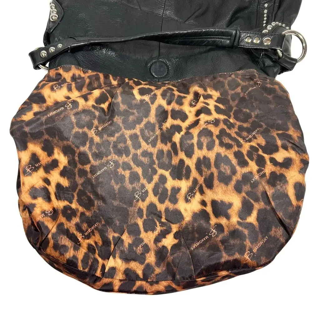 B. Makowsky Hobo Bag Purse Black Pebbled Leather Silver Studded Leopard Lining - Picture 8 of 11